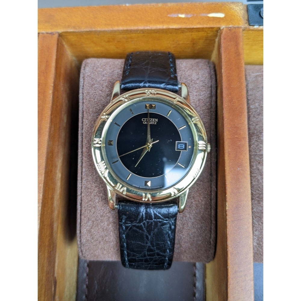 Citizen Gold face black leather band wrist watch